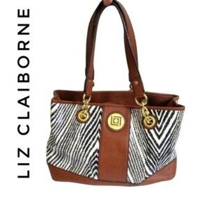LIZ CLAIBORNE Black White Brown Zebra Animal Print Satchel Shoulder Larg…